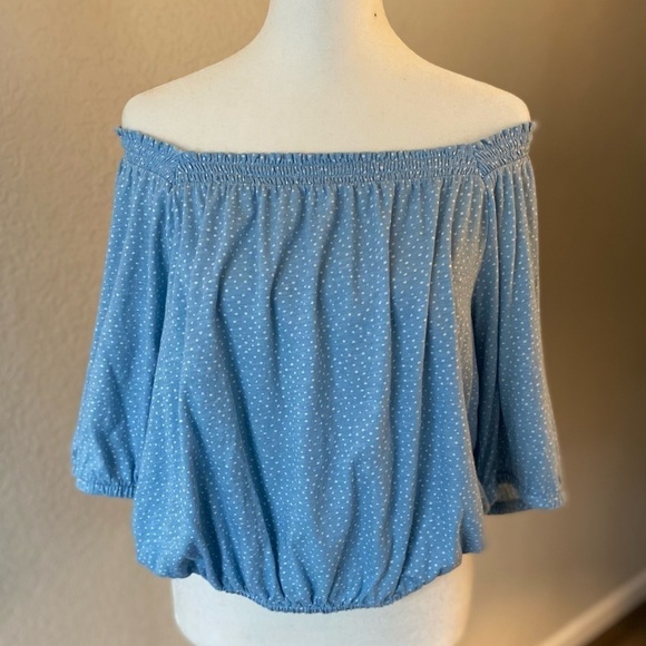 Loft Off The Shoulder Light Blue And White Top M - Picture 1 of 4